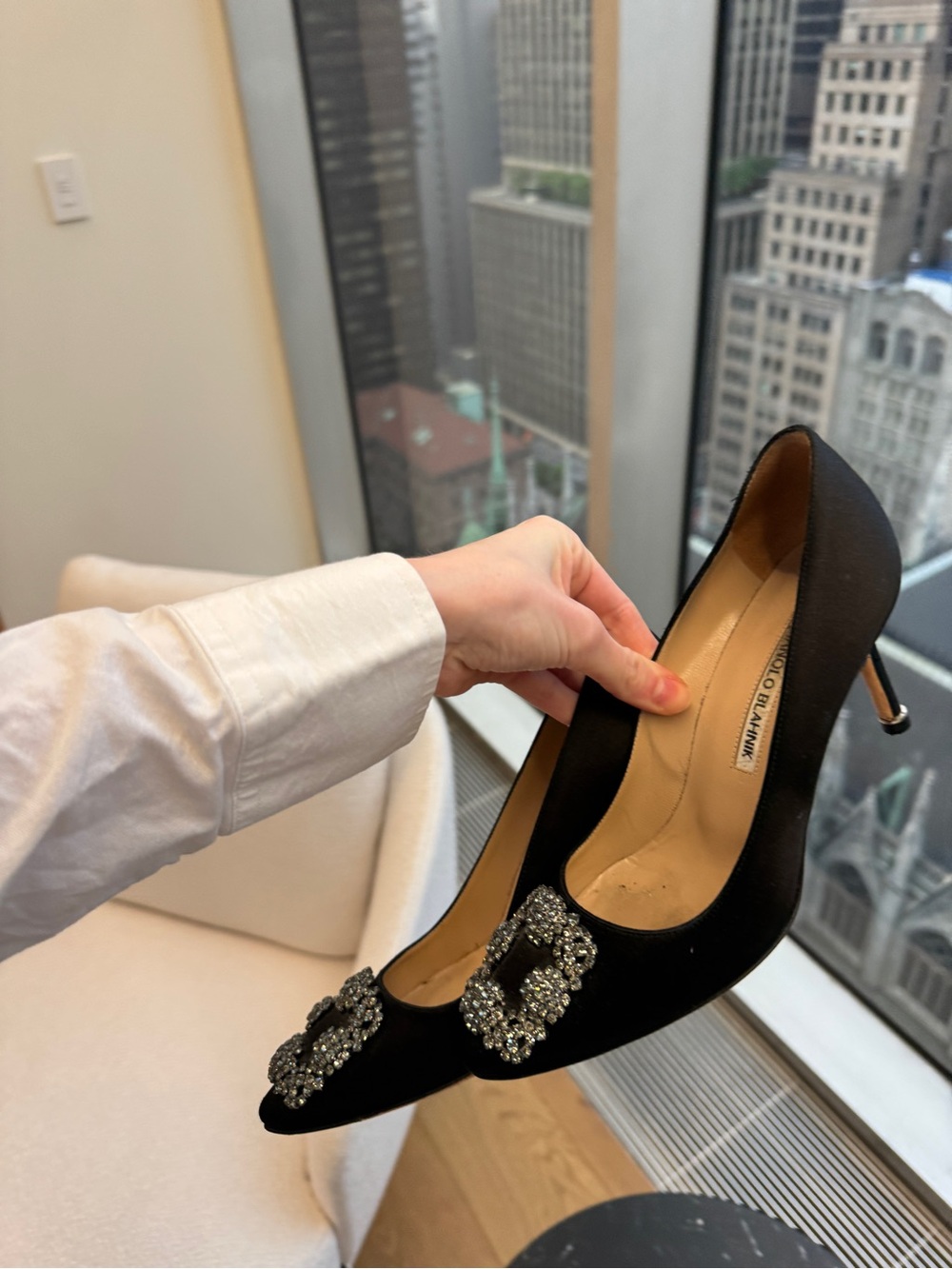 Manolo Blahnik Black Satin Crystal Buckle Pumps - Picture 5 of 7